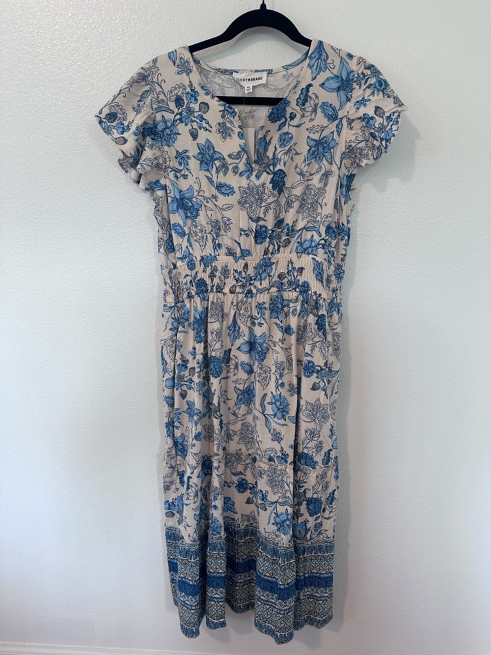 Lucky Brand Cream Midi Dress with Blue Floral Print